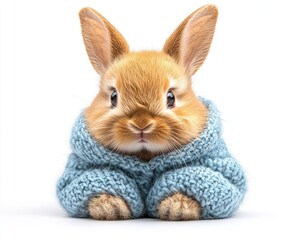 Obraz premium Cute rabbit wearing a cozy blue sweater, sitting calmly against a plain background