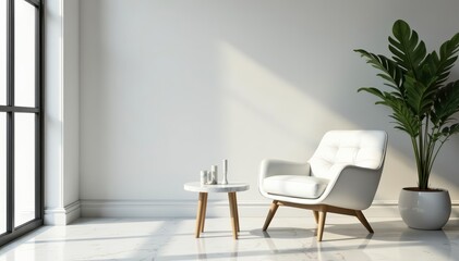 Elegant white armchair with marble table in chic interior, luxury, minimalist