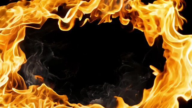 Fiery Frame Border Background Perfect for Dramatic Designs Intense Orange Flames Enveloping Black Space