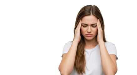 Fototapeta premium Transparent PNG of Woman Touching Her Head in Pain – Headache, Migraine, or Stress Concept – Isolated Female Figure with Pained Expression for Medical, Health, or Mental Health Designs