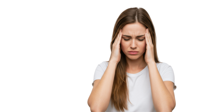 Transparent PNG of Woman Touching Her Head in Pain – Headache, Migraine, or Stress Concept – Isolated Female Figure with Pained Expression for Medical, Health, or Mental Health Designs