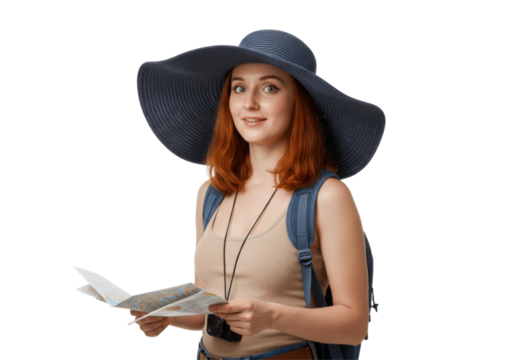 Tourist Woman with Backpack and Hat – Adventure, Travel, and Exploration Concept – Female Traveler Enjoying Vacation, Hiking, or Journey in Nature with Transparent PNG Background