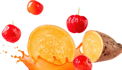 Falling Slices of Yam and Acerola Cherry with Juicy Color Explosion png