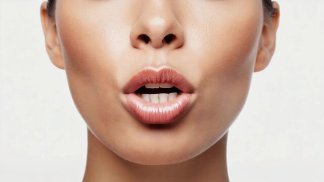 Close up portrait of a womans lips pouting a kiss gesture