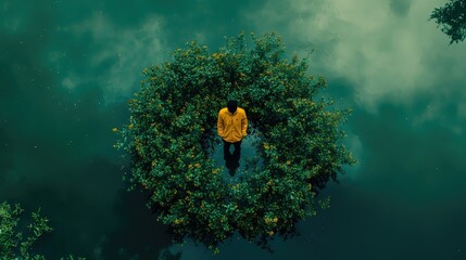 Person in yellow jacket, centered on a circular island of greenery, reflected in still water