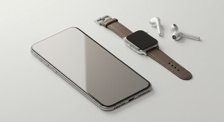Modern essentials, smartphone, smartwatch and wireless earbuds on clean background