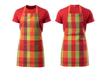   Set of Generate two views, front view and isometric view, of the same apron with a striped, checkered pattern in red, green, and orange colors on a white background