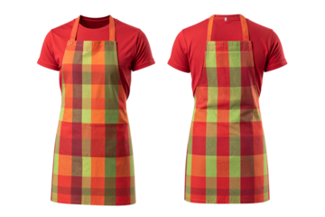  Set of Generate two views, front view and isometric view, of the same apron with a striped, checkered pattern in red, green, and orange colors on a white background