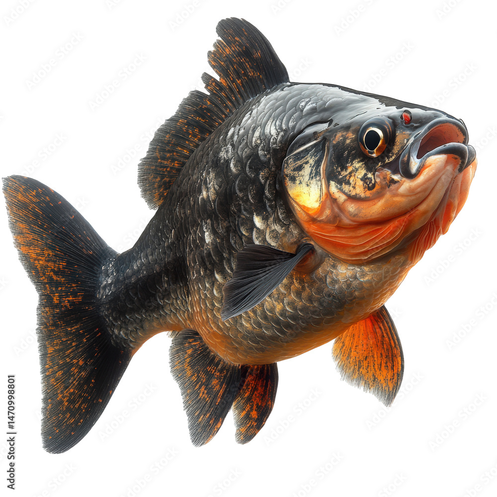Poster artistic rendering of a single fancy goldfish with intricate detail and coloration