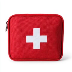 Red First Aid Kit with White Cross Symbol on Fabric Surface