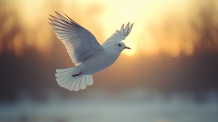 Fototapeta premium White dove in flight at sunset