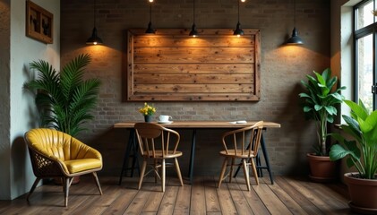 Empty wooden sign in rustic coffee shop interior with comfy chairs, coffee cups, and plants, empty, board, chairs
