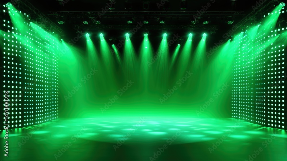 Leinwandbilder Large-scale empty stage with green LED light wall background and symmetrical green spotlights shining from top in photorealistic quality. Hyper-realistic high-resolution studio setup with deep black t