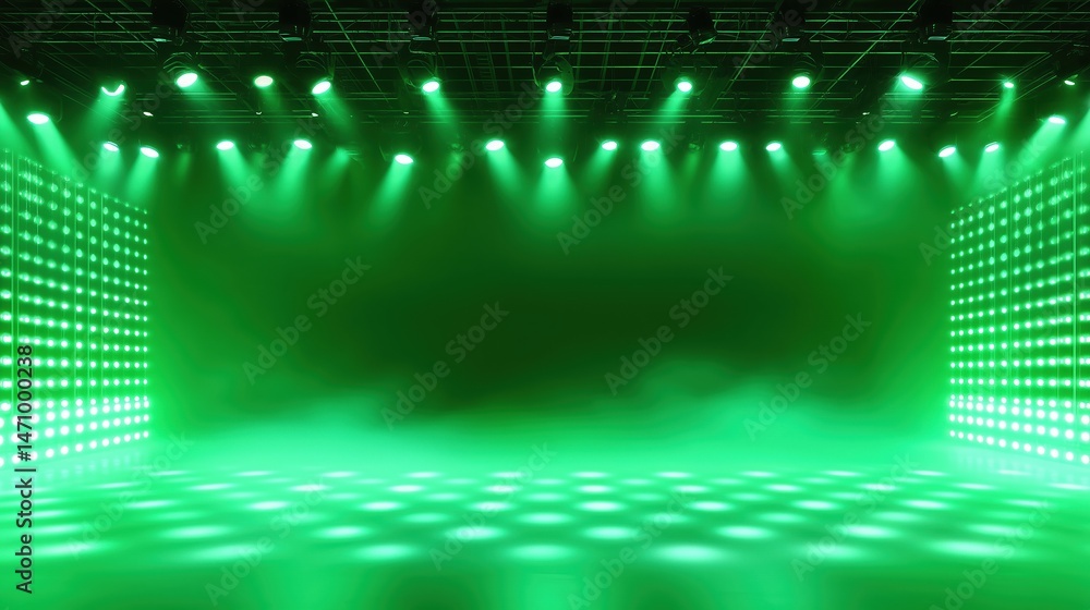 Leinwandbilder Large-scale empty stage with green LED light wall background and symmetrical green spotlights shining from top in photorealistic quality. Hyper-realistic high-resolution studio setup with deep black t