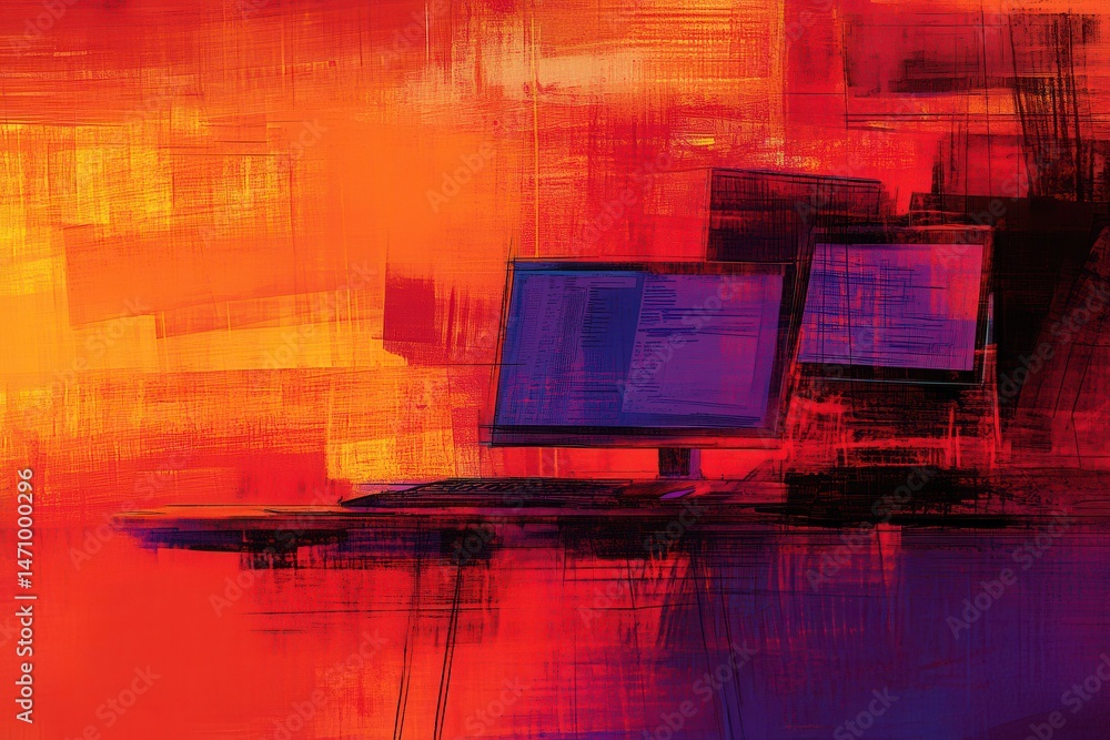 Poster abstract digital workspace with vibrant colors, featuring two monitors against a dynamic background