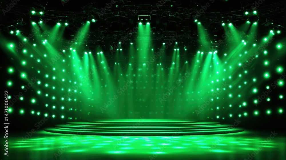 Leinwandbilder Large-scale empty stage with green LED light wall background and symmetrical green spotlights shining from top in photorealistic quality. Hyper-realistic high-resolution studio setup with deep black t