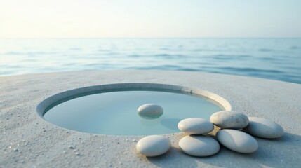 Serene coastal scene featuring a minimalist water basin and smooth, light-colored stones arranged near a tranquil ocean backdrop.