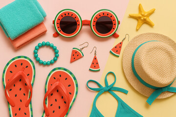 Naklejka premium A summer fashion flatlay featuring watermelon-themed sunglasses