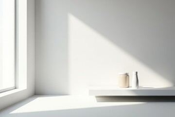 Fototapeta premium Minimalist Product Display Sunlit White Room with Simple Containers on Shelf