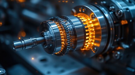 Fototapeta premium Close-up of Industrial Machine Gears, Precision Engineering, Metal Parts, Manufacturing Technology, 