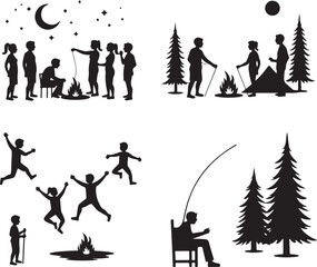 Tent Under the Stars Silhouette Scene

Campfire Night with Trees Vector Art

Family Camping Trip Silhouette Design

Mountain Camping Adventure Vector

Hikers Resting by Tent Silhouette