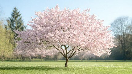 Naklejka premium Vibrant Pink Blossom Tree on Green Field with Clear Blue Sky in Spring Landscape with Soft Sunlight and Shadows