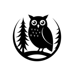 forest owl perched on branch silhouette on white 