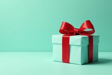 Obraz premium A Mint Green Gift Box with a Vibrant Red Ribbon Bow, Ready for a Special Occasion