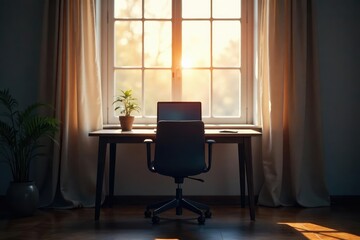 Empty chair at desk facing window, laptop closed , solitude, quiet, minimalist