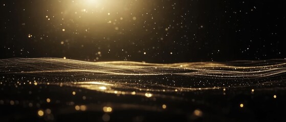 Obraz premium Abstract golden waves with shimmering particles in dark background