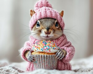 Cute squirrel wearing a pink sweater holding a cupcake with sprinkles indoors