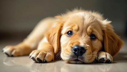 Golden Retriever puppy lies down, head tilted , sweet, canine portrait