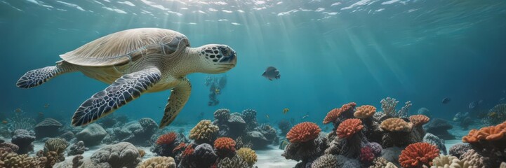 Green sea turtle gracefully swims over vibrant coral reef, azure water , nature photography, colorful, summer