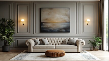 Fototapeta premium Beautifully designed transitional living area with beige tufted sofa and indoor plants high resolution photo