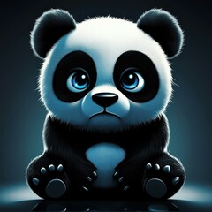Sad panda sitting against dark background at nighttime