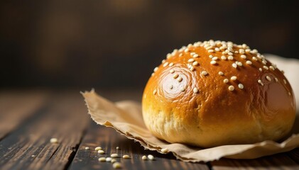 Sesame seed bun, perfectly round, textured surface , bakery, background, overhead