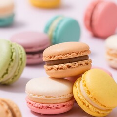 Fototapeta premium 4k high quality Ai generative HD photo realistic restaurant food menu sell selling cafe mini small treat dessert colorful pastel soft macaroons full stack background blue pink yellow green purple 