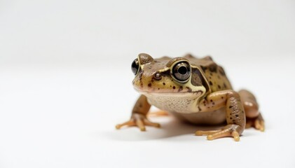 Naklejka premium Small brown frog, speckled skin, pure white backdrop, wildlife, speckled, herpetology