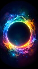 Obraz premium Vibrant abstract eclipse mobile phone wallpaper with swirling rainbow smoke, glowing particles, and cosmic energy. Futuristic sci-fi background perfect for tech. Ai Generated