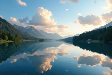 Fototapeta premium Symmetrical, calm lake surface reflecting sky, surface, breathtaking, gorgeous