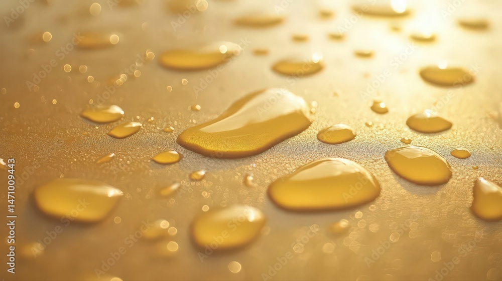 Poster water droplets on golden surface in macro detail creates a luminous effect with reflections and a wa