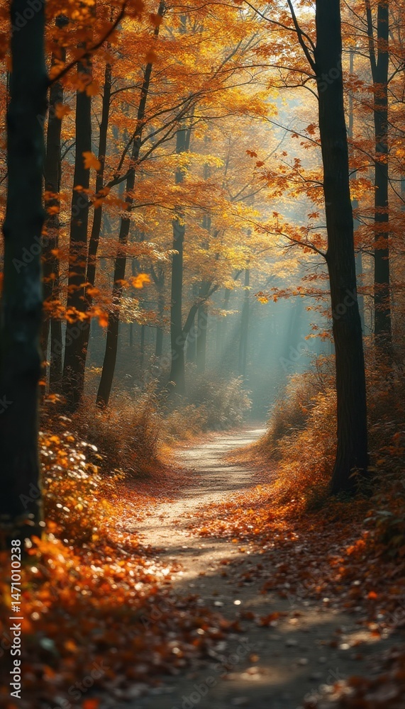 Aufkleber serene autumn path through forest with colorful leaves