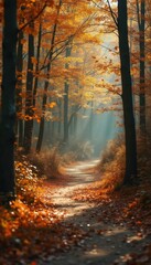 Fototapeta premium Serene autumn path through forest with colorful leaves