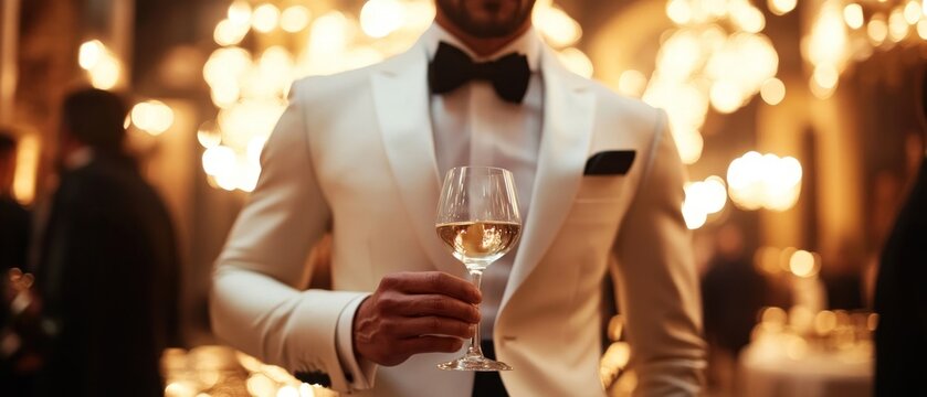 Elegant man in tuxedo holding wine glass at gala event