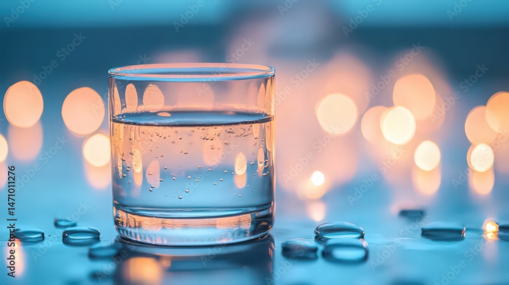 Poster water glass close up featuring waterdrops with an orange bokeh background and elegant lighting style