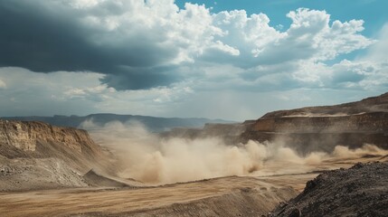 Vast quarry landscape with a cloud of dust.