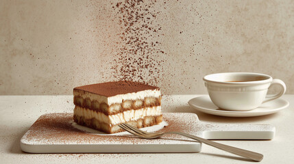 Professional food photo of tiramisu slice under falling cocoa powder, fork beside dessert on clean background with fine textures and bright lighting
