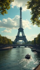 Fototapeta premium Diverse group of people enjoying a boat ride near Eiffel Tower