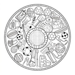 Naklejka premium Black and White Sports Equipment Mandala Coloring Page for Relaxation and Fun
