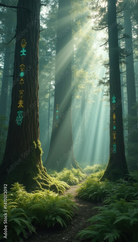 Aufkleber Three mystical trees with glowing symbols on forest path